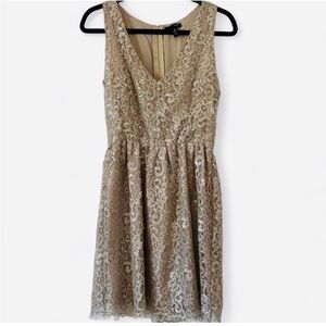 Aqua Women’s Metallic Lace Fit & Flare Mini Dress Size M Beige Gold Party